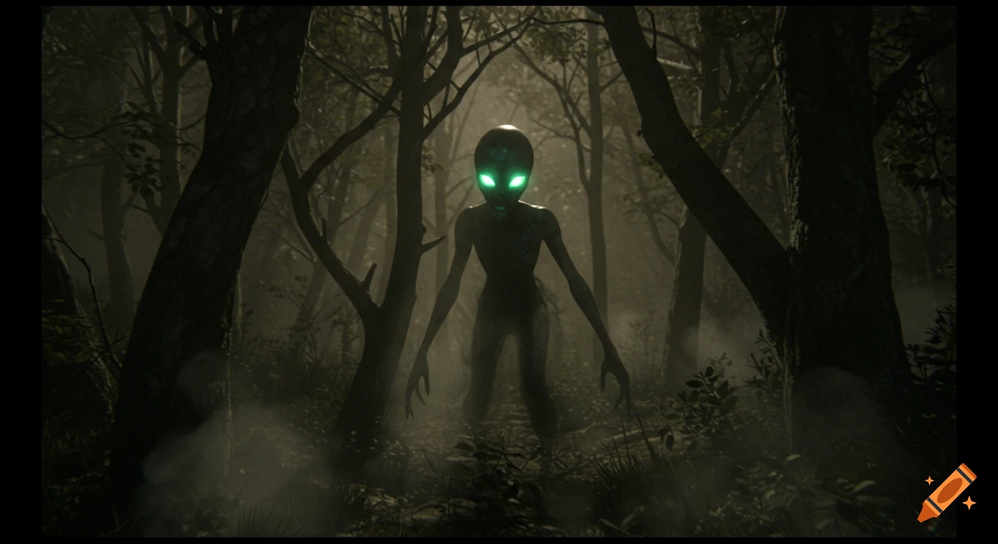 A dark, slender alien creature with glowing green eyes stands in a misty, shadowy forest, illuminated by a faint light.