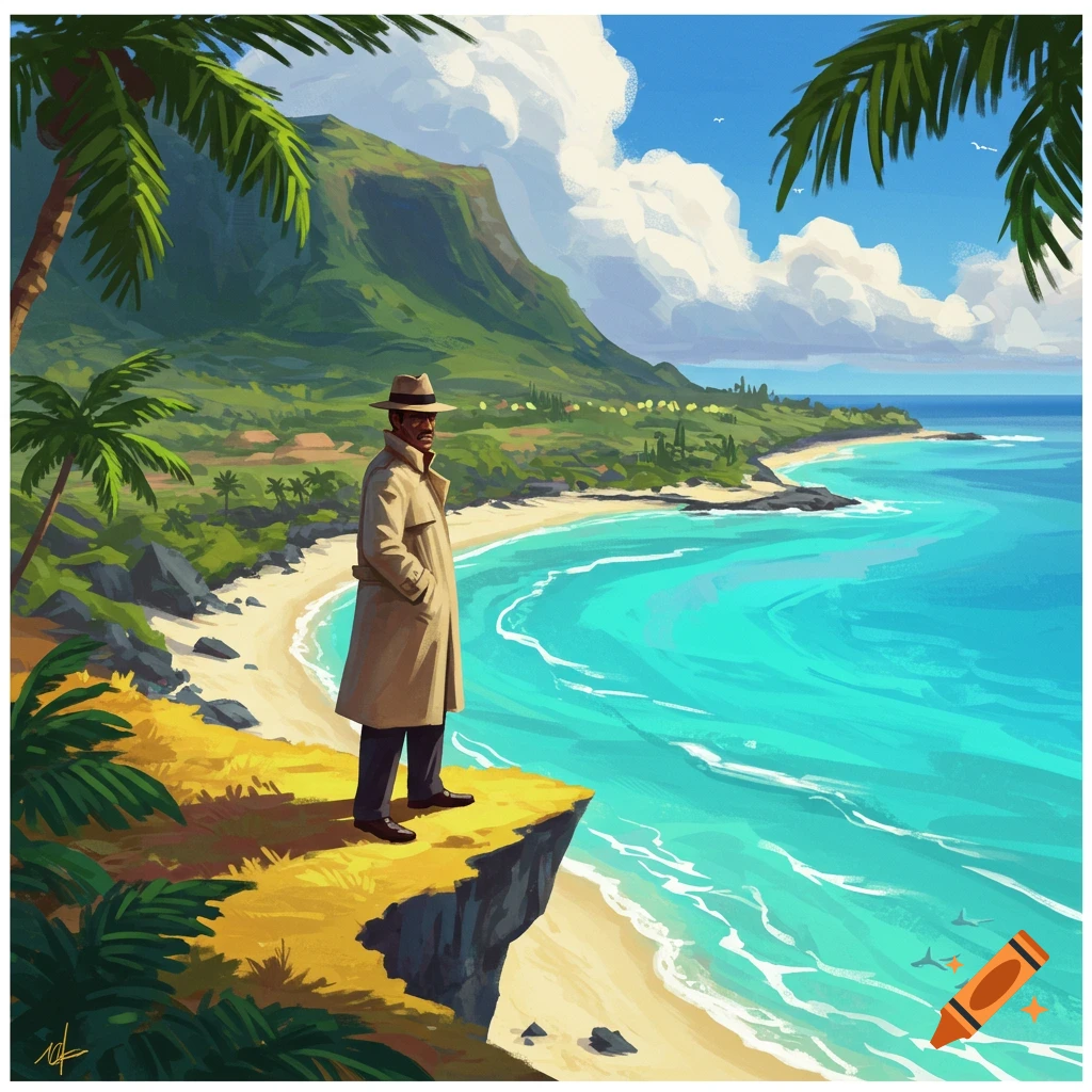 An illustrated man in a trench coat and fedora stands on a cliff overlooking a vibrant turquoise tropical beach with palm trees and mountains.