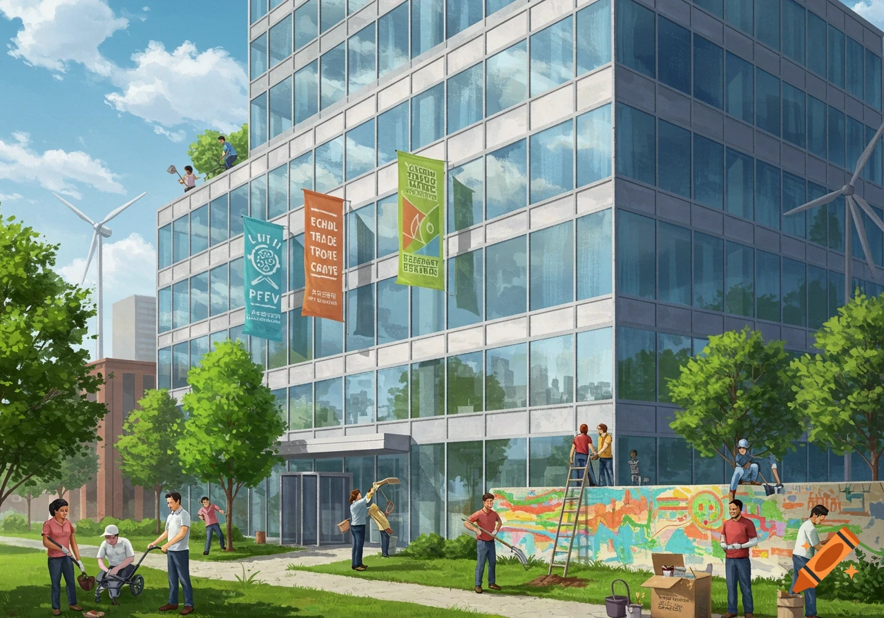 Illustration of people doing community service, gardening, and painting a mural outside a modern building with wind turbines.