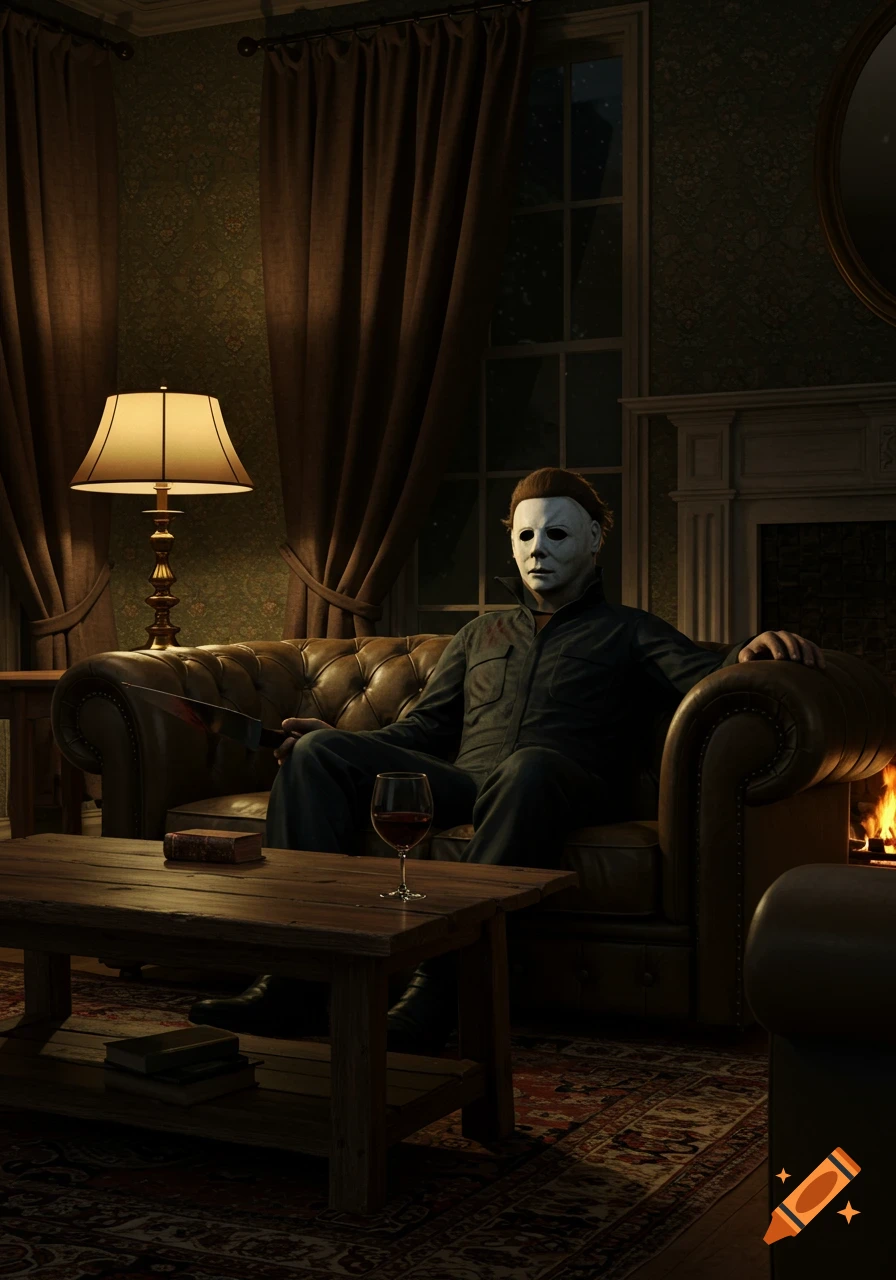 Michael Myers sits on a leather couch in a dimly lit, ornate room, holding a bloody knife, with a glass of wine on a coffee table.