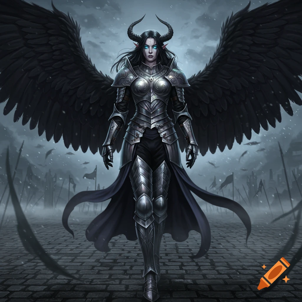 A dark fantasy warrior, with horns, glowing blue eyes, black wings, and silver armor, stands on a cobblestone path in a snowy battlefield.
