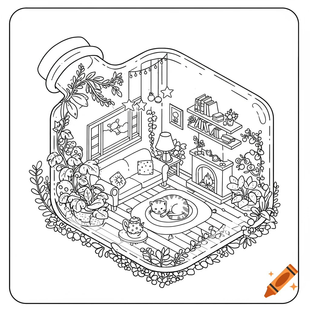 A cozy, whimsical living room with a sleeping cat inside a horizontal glass bottle, surrounded by plants, in a kawaii coloring book style.