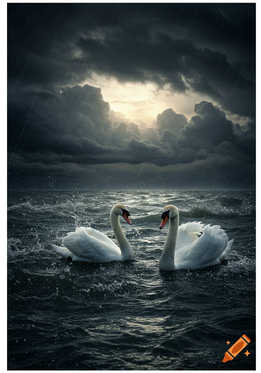 Two white swans float on dark, choppy water under a dramatic, stormy sky with rain falling.