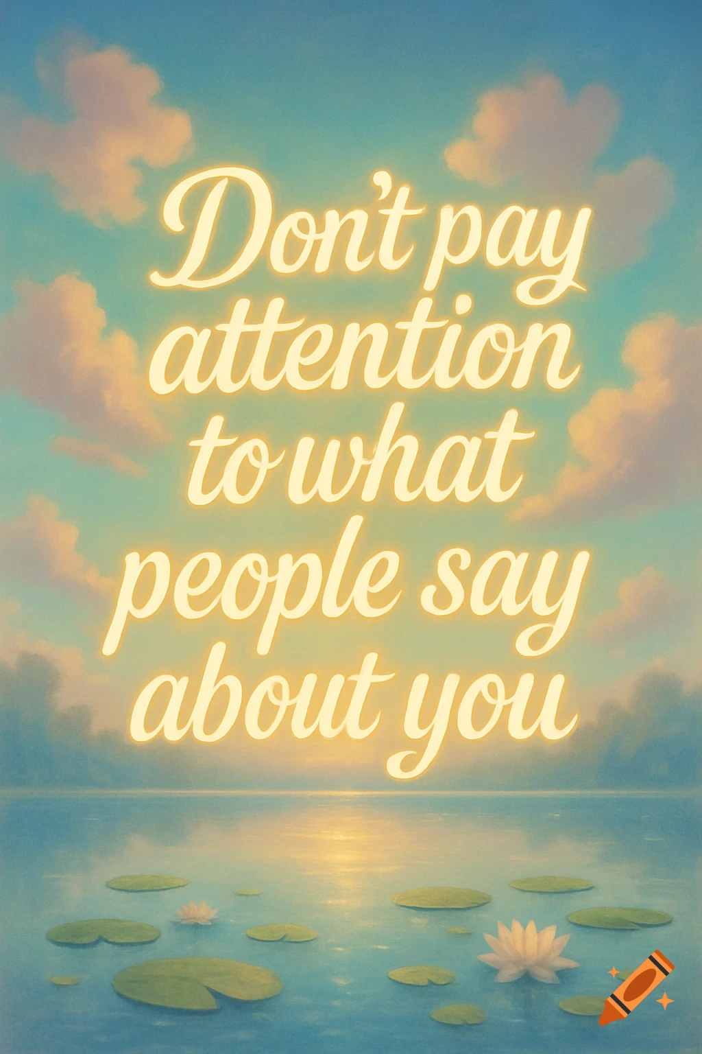 Motivational quote 'Don't pay attention to what people say about you' on a serene watercolor landscape with water lilies and a cloudy sky.