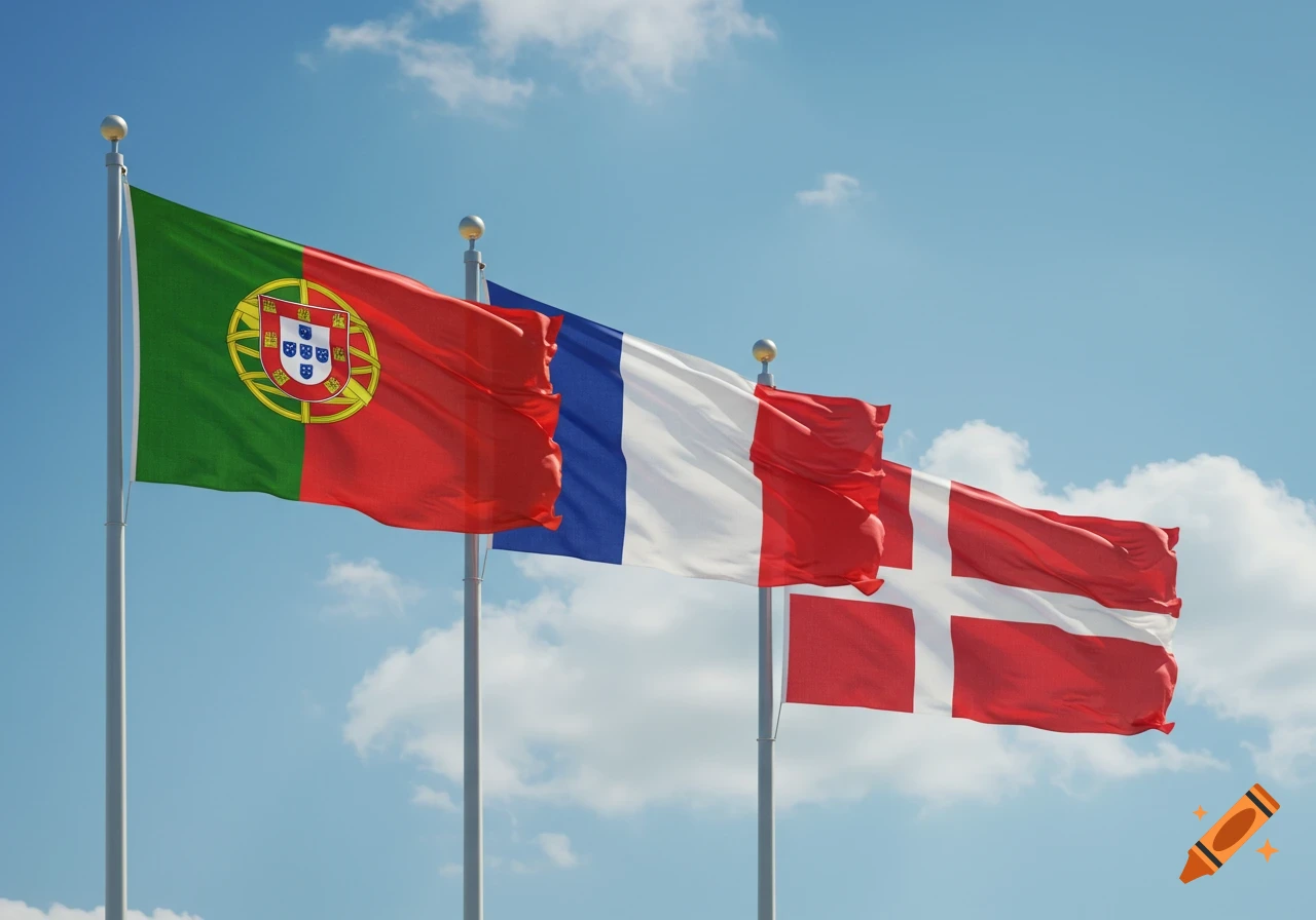 Portuguese, French, and Danish flags waving against a bright blue sky.
