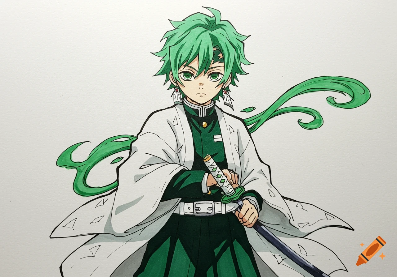 An anime boy with spiky green hair, dark green eyes, a white and dark green uniform, and a katana, against a plain white background.