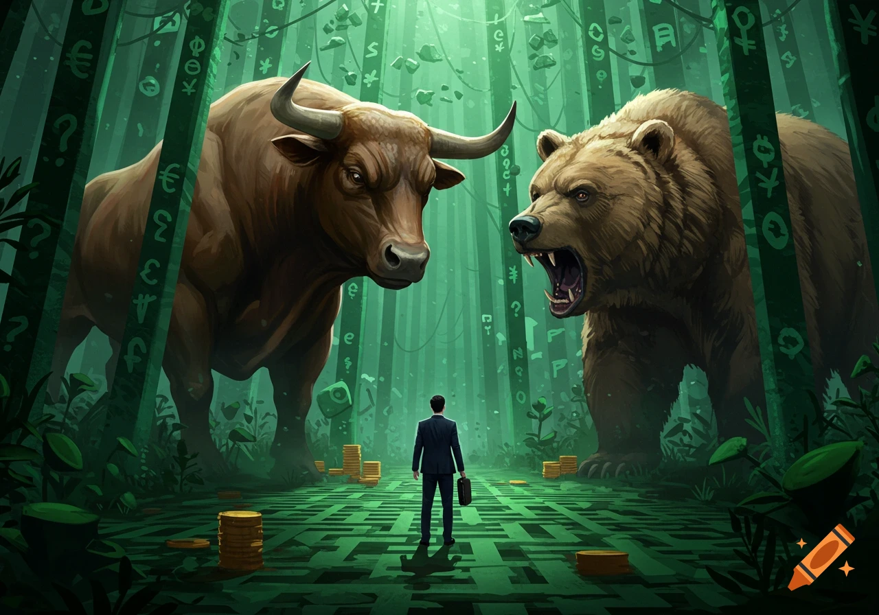 A businessman stands between a large bull and a roaring bear in a stylized green financial jungle with currency symbols and gold coins.