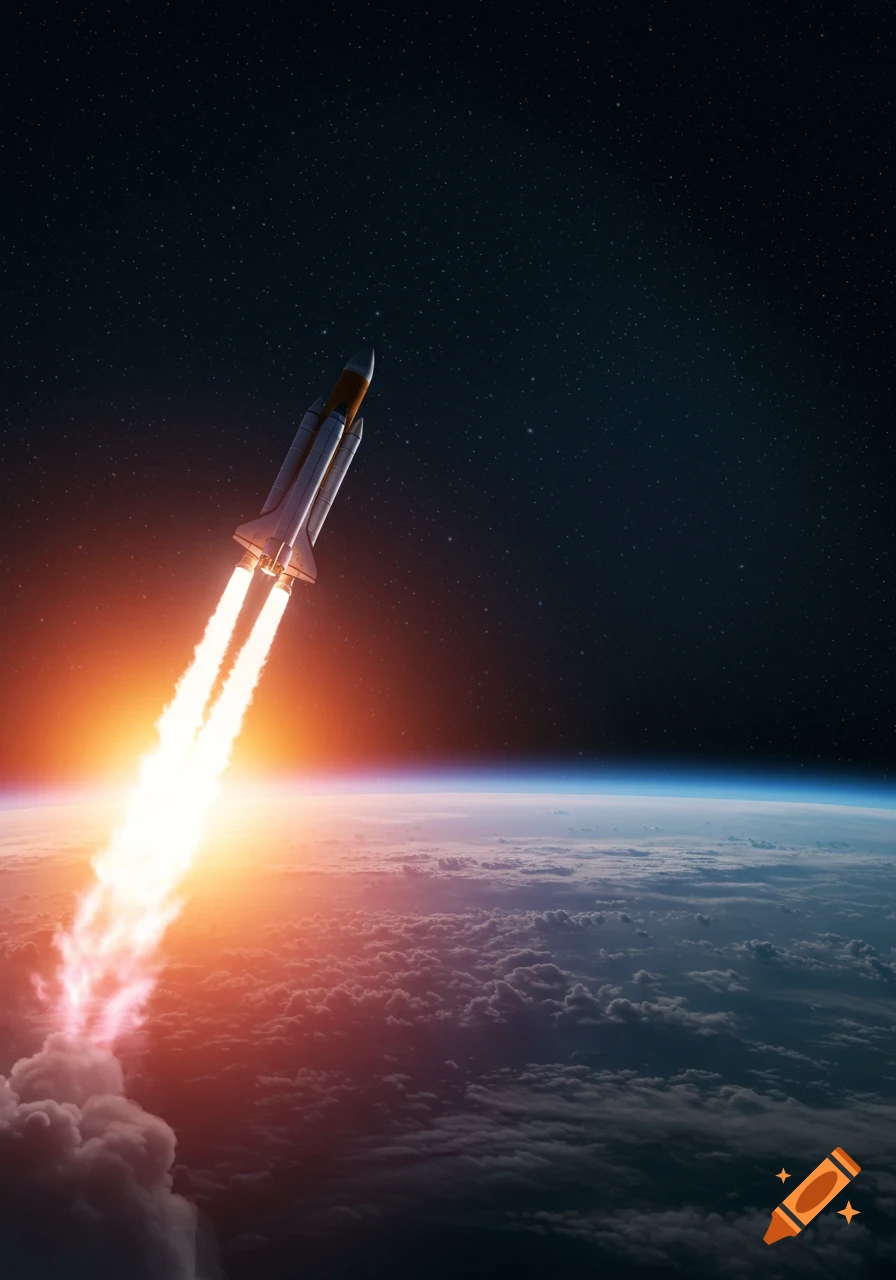 A powerful rocket launches from Earth into the dark, star-filled space, leaving bright orange and white exhaust.