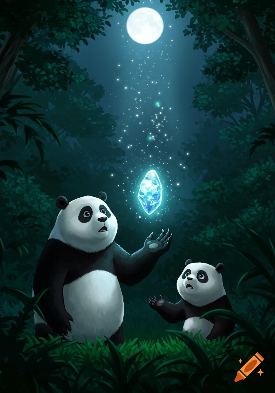 Two cartoon pandas look up at a glowing blue crystal floating in a dark, moonlit forest, illustration.