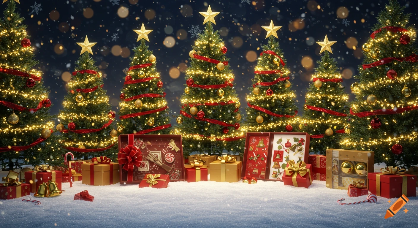 Hyper-realistic festive Christmas scene with multiple decorated trees, twinkling lights, red and gold ornaments, gifts, and snow.