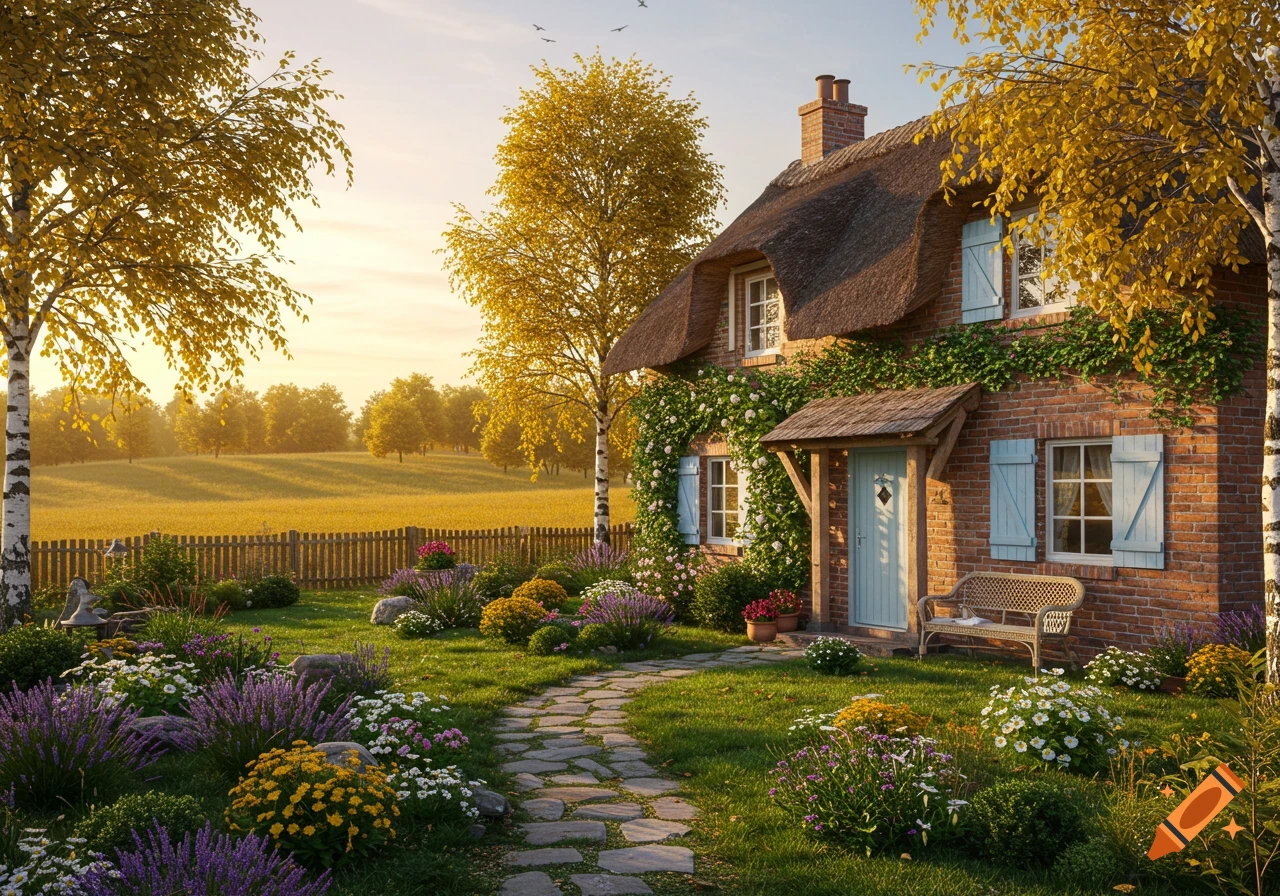 A charming brick cottage with a thatched roof, surrounded by a vibrant flower garden and a stone path, under a golden sunset.