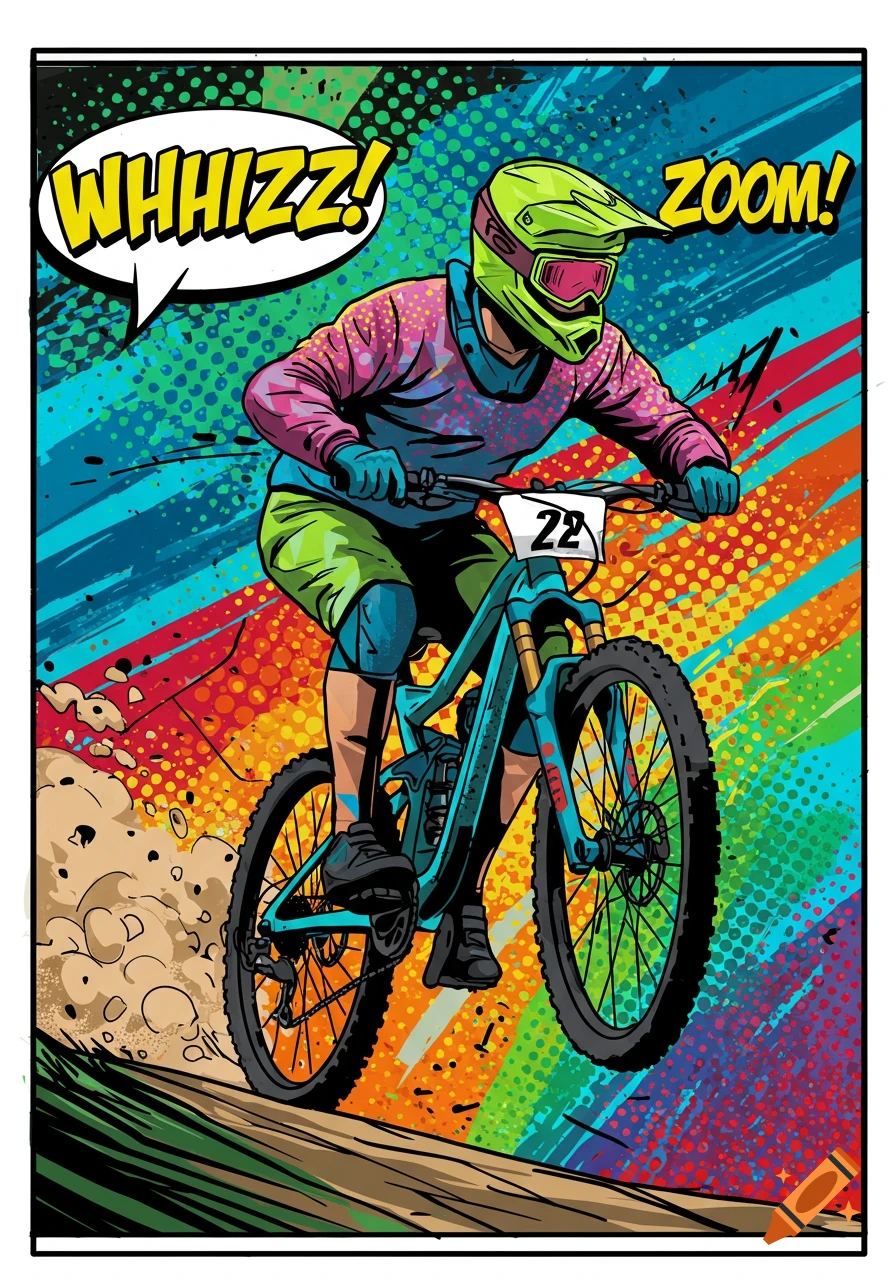 A vibrant pop art illustration of a mountain biker racing down a dirt trail, with 'WHHIZZ!' and 'ZOOM!' text bubbles.