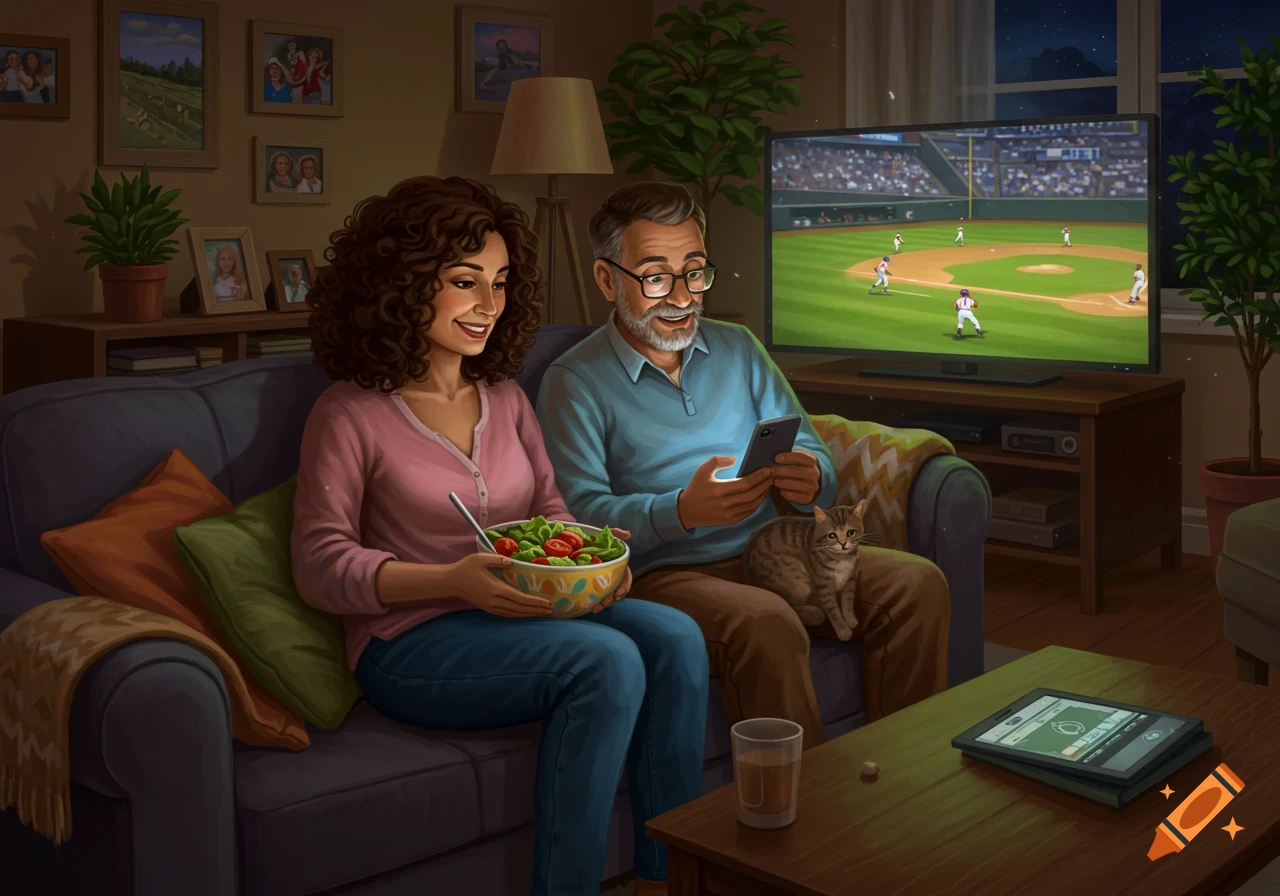 A couple in a living room; the wife eats salad, husband looks at phone while petting a cat, baseball plays on TV. Illustrated style.
