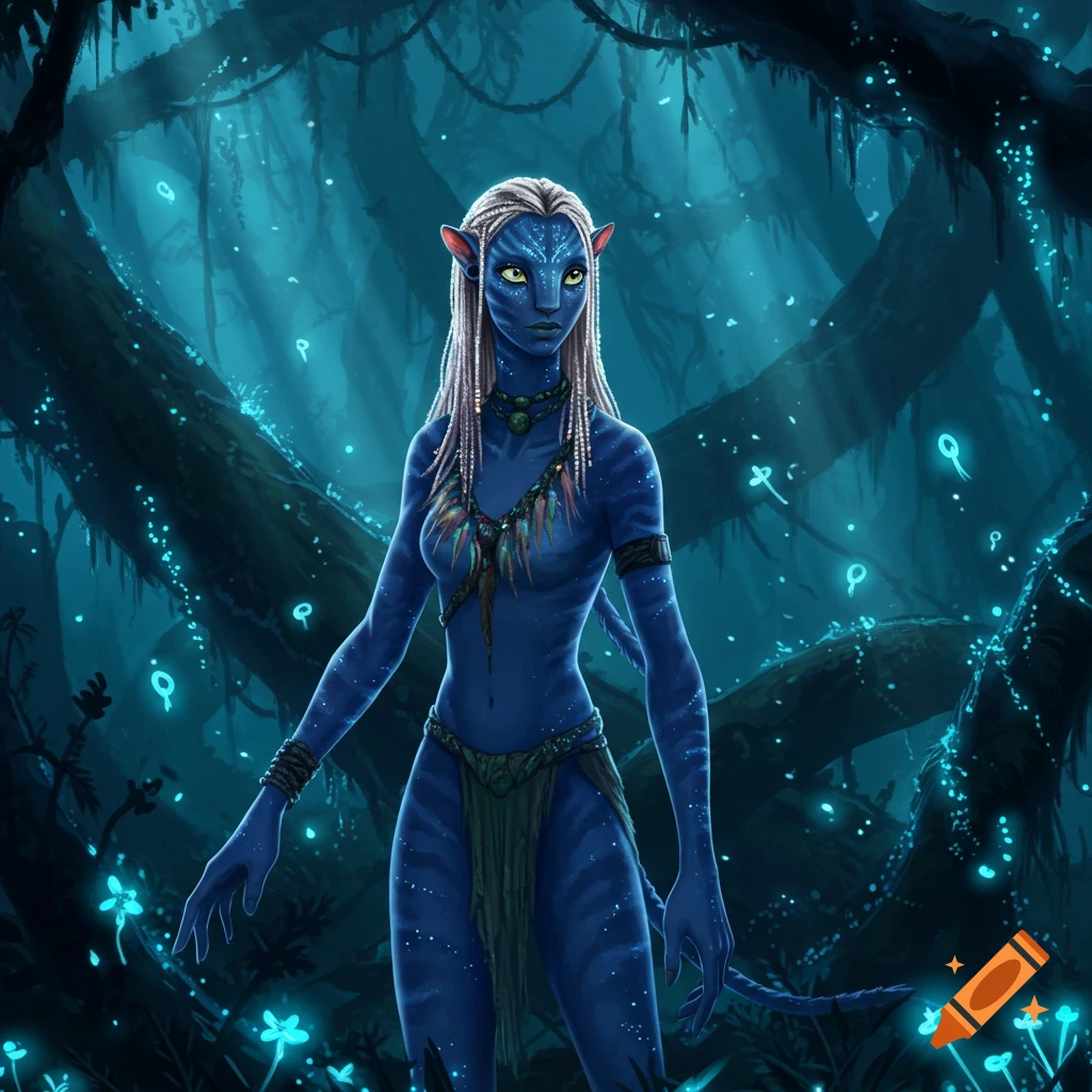 An indigo-skinned female Na'vi with pale blonde braids stands in a glowing, bioluminescent Pandora forest.