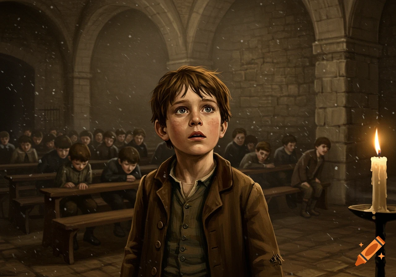 An earnest young boy, resembling Oliver Twist, looks up in a dimly lit stone hall among other children and a single candle, in an illustration.