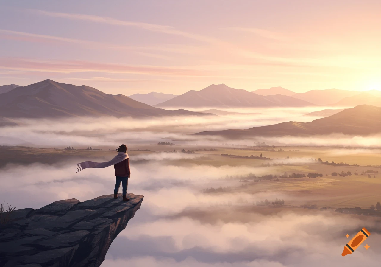A lone figure stands on a cliff overlooking a vast, misty mountain valley at sunrise in a digital painting.