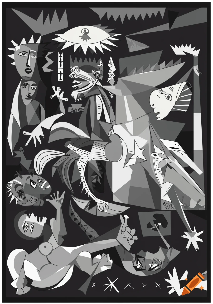 A monochrome cubist vector art painting featuring distorted figures, a horse, and abstract shapes, reminiscent of Picasso's Guernica.