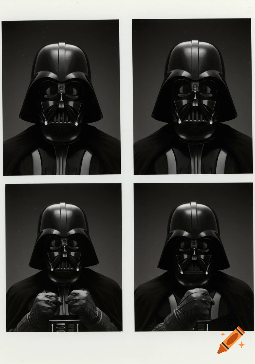 A black and white photobooth strip featuring four bust shots of Darth Vader in different poses.