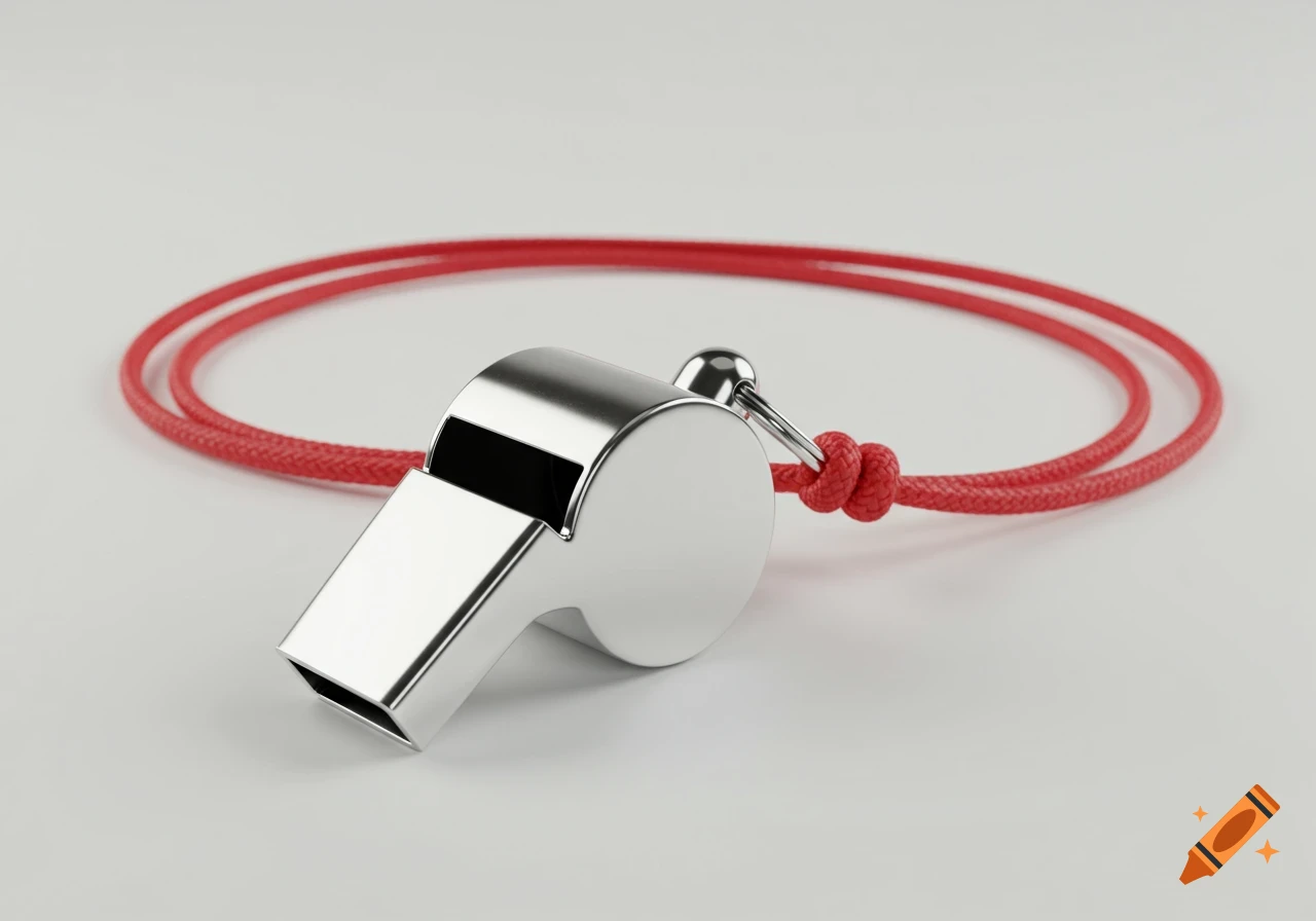 Shiny silver coach's whistle with a red braided cord on a white background, photorealistic style.