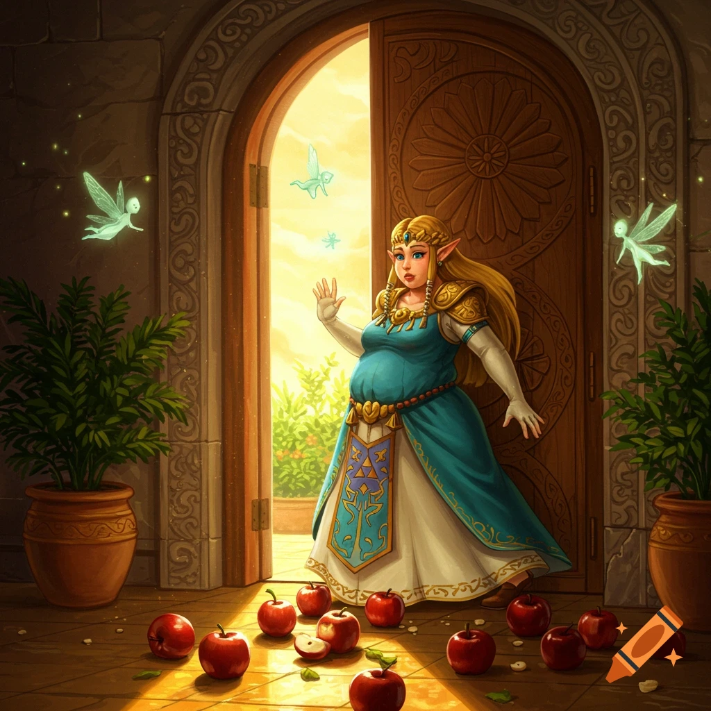 An overweight Princess Zelda in a blue dress stands in an open stone doorway, looking at small fairies. Apples are scattered on the floor.