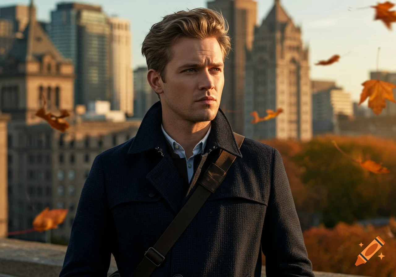 A man with blond hair in a dark blue coat and collared shirt looks to the right, against a blurred city skyline with falling autumn leaves.