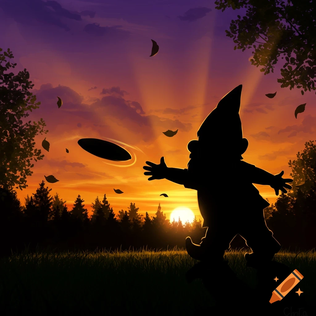 A silhouette of a yard gnome playing disc golf at sunset with falling leaves, illustration.