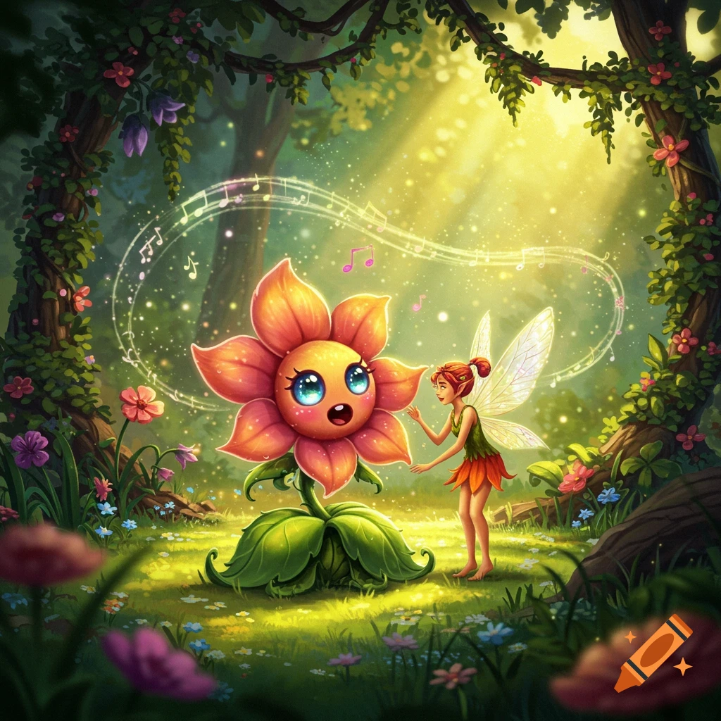 A cute, big-eyed flower sings with musical notes, alongside a small fairy, in a vibrant, sunlit fantasy forest.