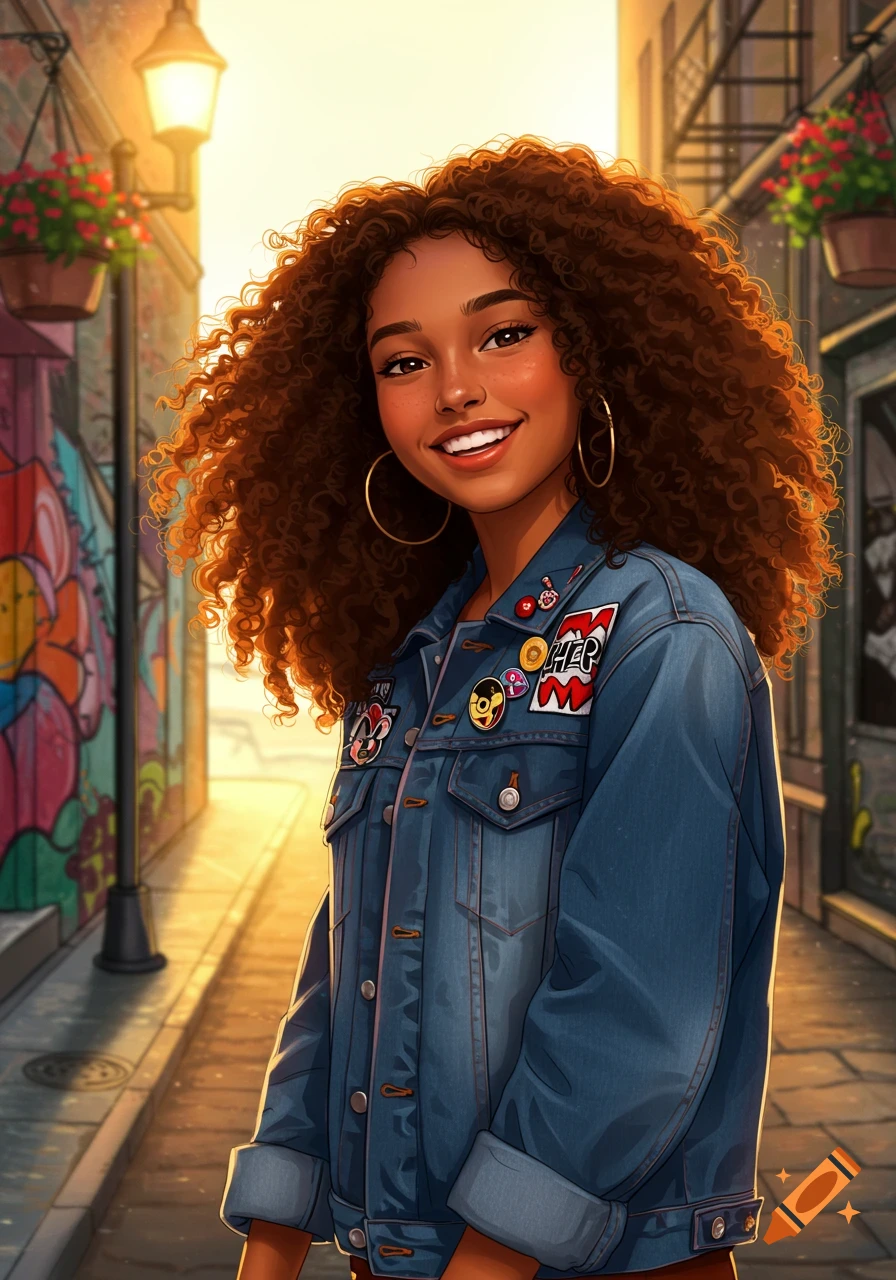 Illustrative portrait of a smiling young woman with curly brown hair in a denim jacket adorned with pins, in a sunny alley.