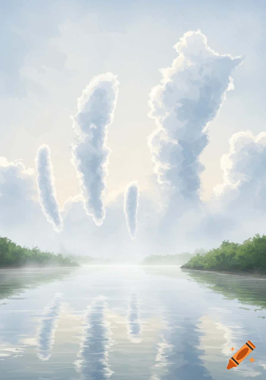 A serene river with lush green banks under a light blue sky, featuring distinctive elongated misty clouds reflected in the water, in a painterly style.