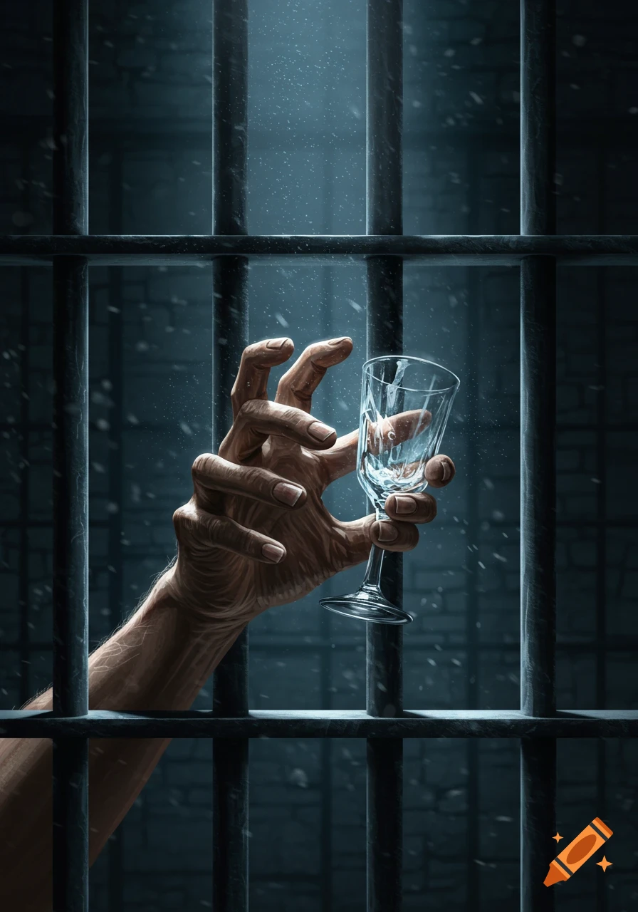 A stylized illustration of a gnarled hand reaching through prison bars, grasping a small glass in a dark, dusty cell.