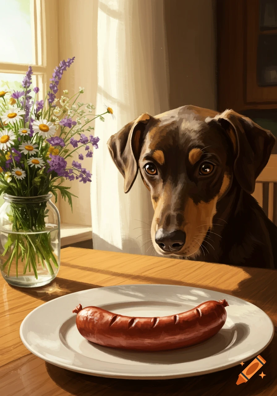 An illustration of a brown dog staring intently at a grilled sausage on a plate, with flowers in a vase on a wooden table.