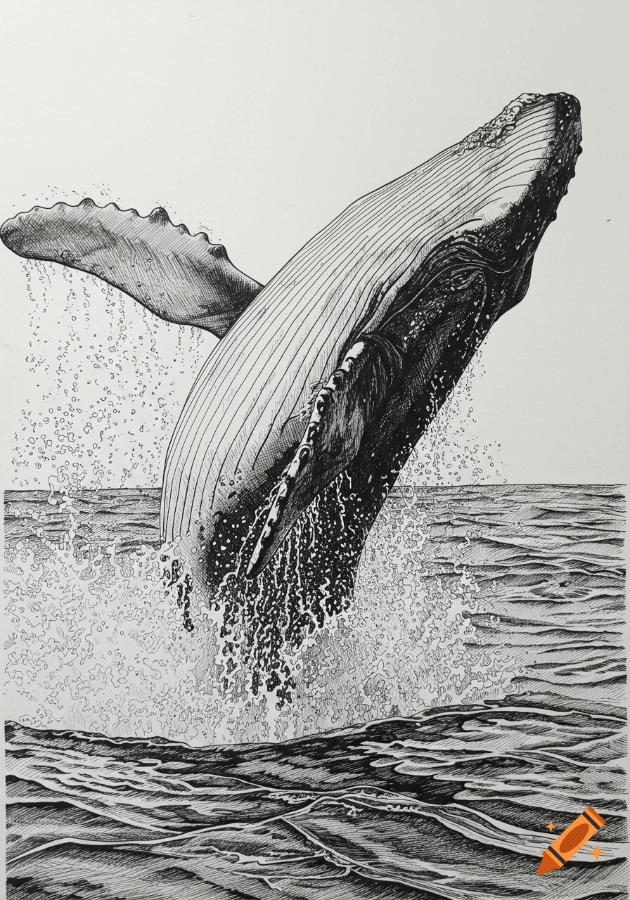 A detailed black and white sketch of a humpback whale breaching out of choppy ocean water, creating a large splash.