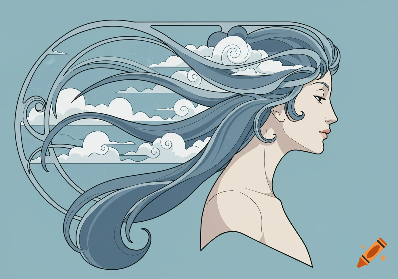 Art Nouveau illustration of a woman in profile with flowing blue hair integrated with clouds, resembling a ship's figurehead.