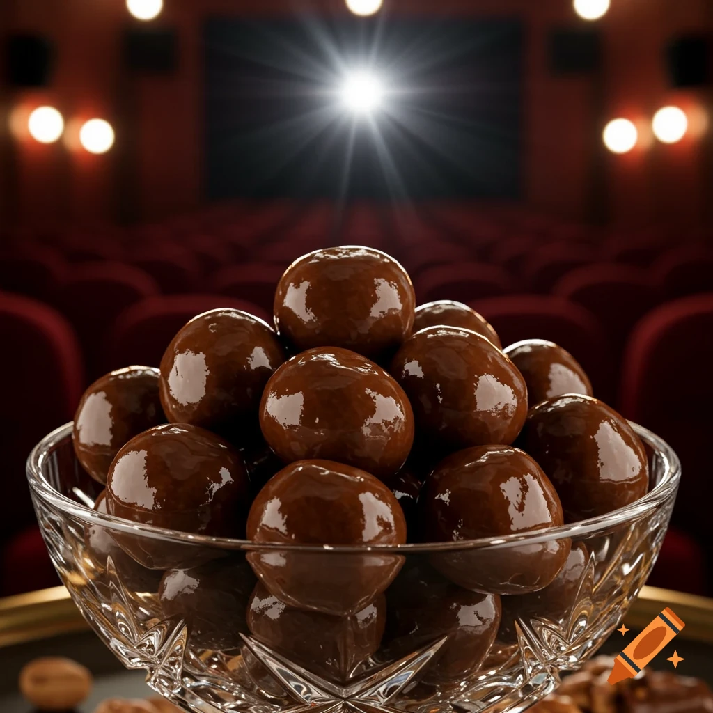 Close-up of shiny chocolate-covered nuts in a crystal bowl, with blurred red movie theater seats and a projector light in the background. Photorealistic style.