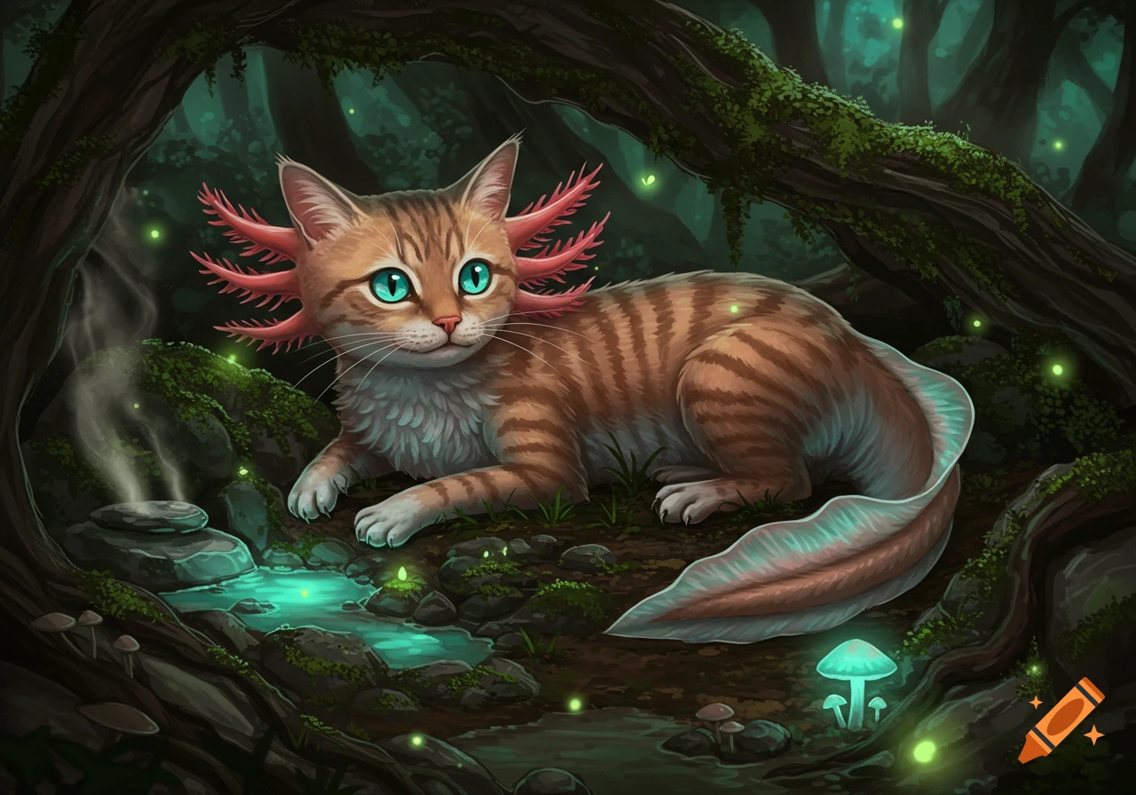 An illustrated cat-axolotl hybrid with green eyes and pink gills lies in an enchanted forest with glowing water and mushrooms.