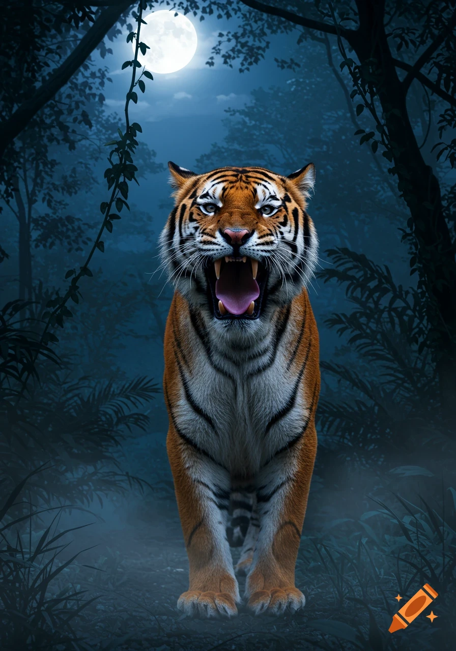 A photorealistic tiger roars fiercely, looking directly forward, in a dark, misty forest under a bright full moon.