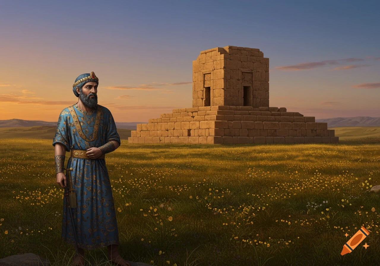 Cyrus the Great in ornate blue robes stands in a grassy field with wildflowers next to an ancient stone structure under a sunset sky.