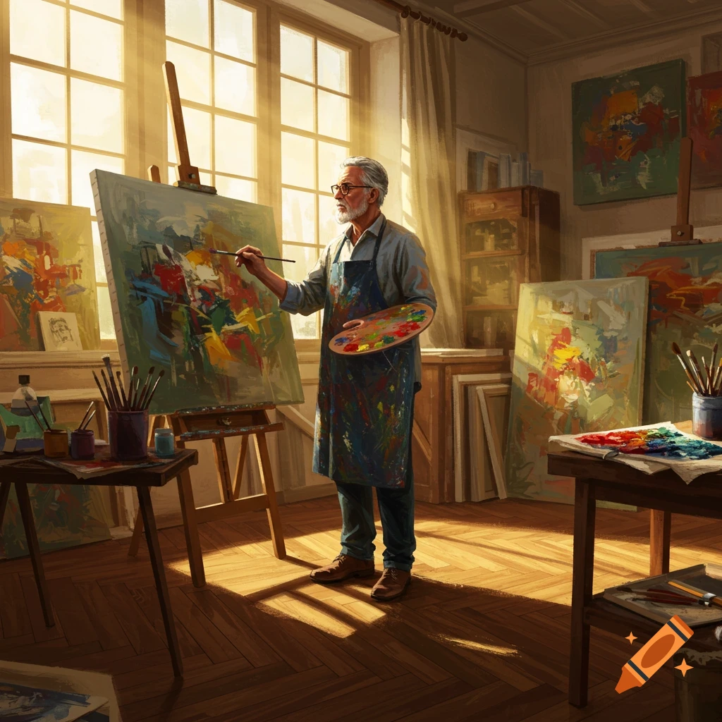 An elderly man with a beard and glasses, wearing an apron, paints an abstract artwork on an easel in a sunlit art studio filled with other paintings.
