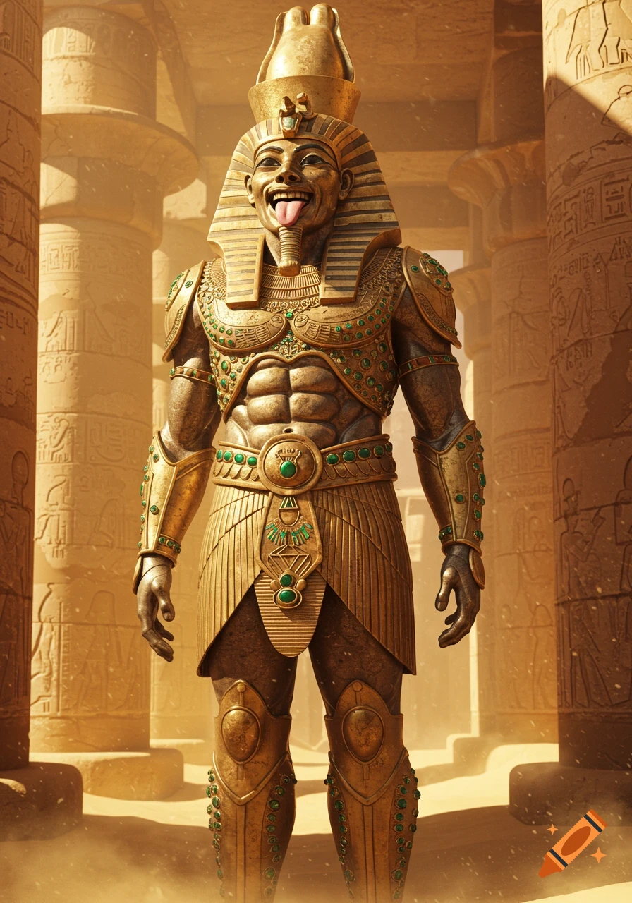 A full-body shot of a golden Egyptian god statue in ornate armor and pharaoh's headdress, sticking its tongue out in an ancient temple.