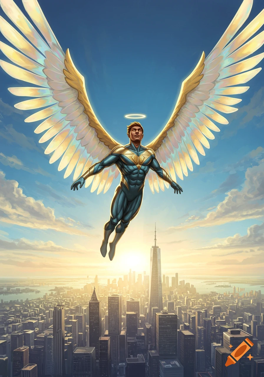 A superhero with large golden and white wings and a halo flies above a sprawling cityscape at sunset.