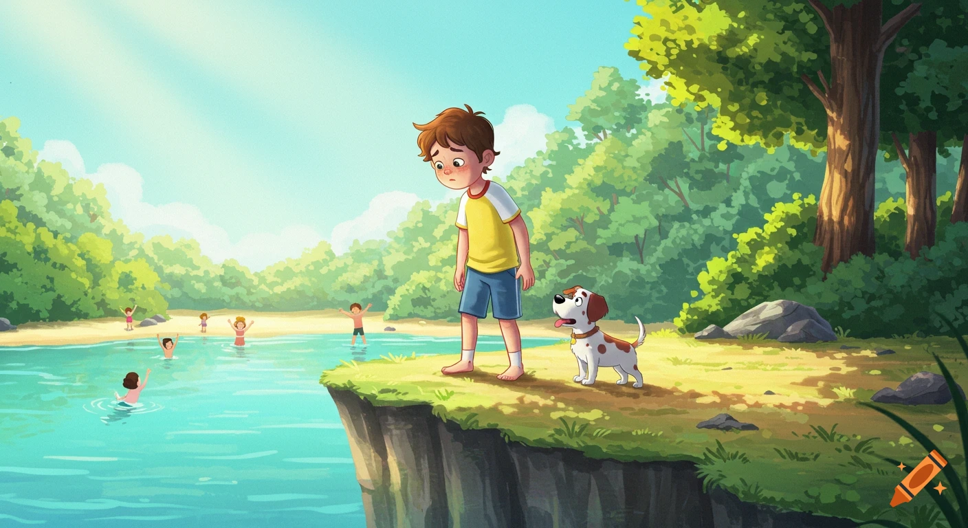 A sad boy and his dog stand on a cliff overlooking a sunny lake where children swim, in a Disney-style cartoon.