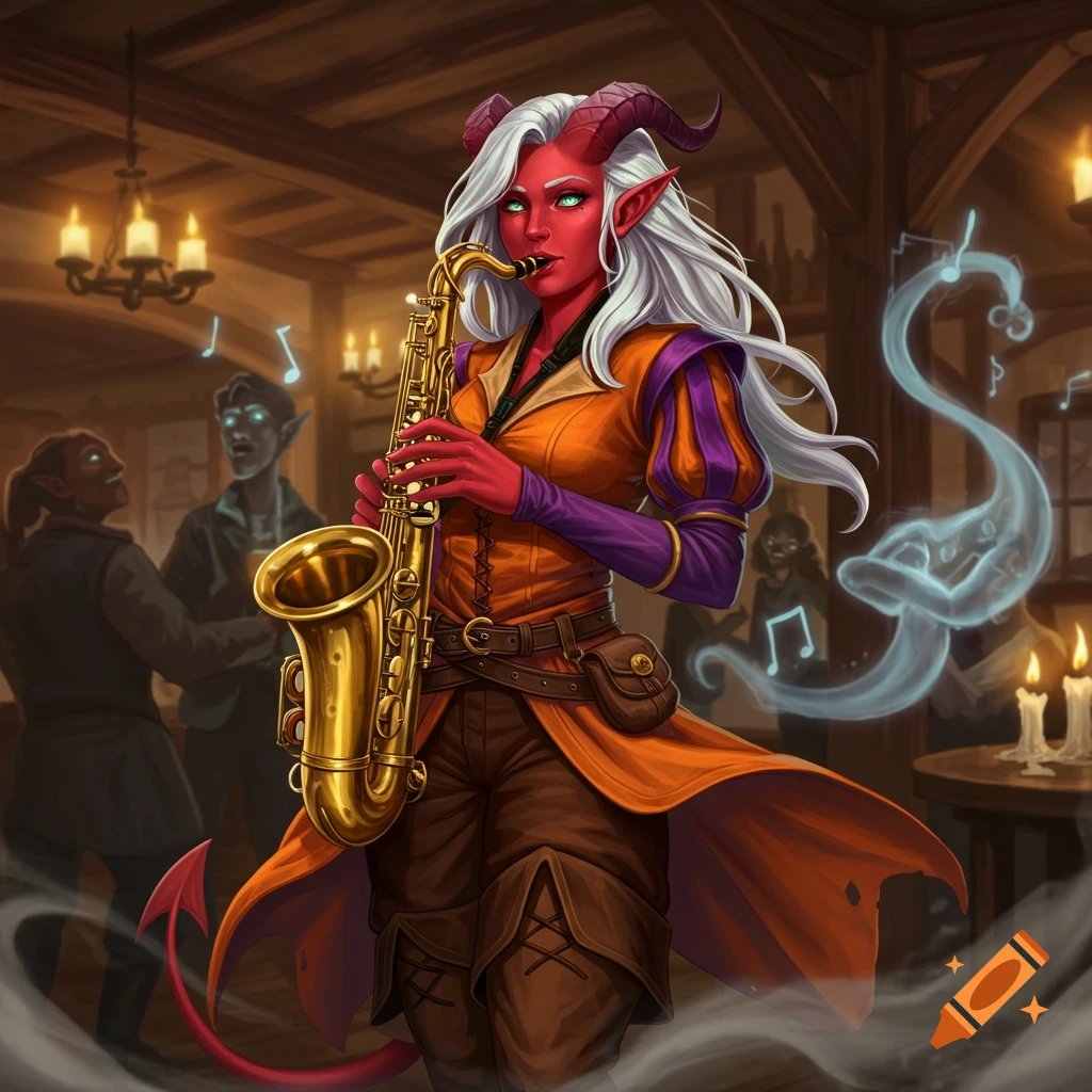 A detailed illustration of a red-skinned female tiefling bard with white hair playing a saxophone in a dimly lit fantasy tavern.