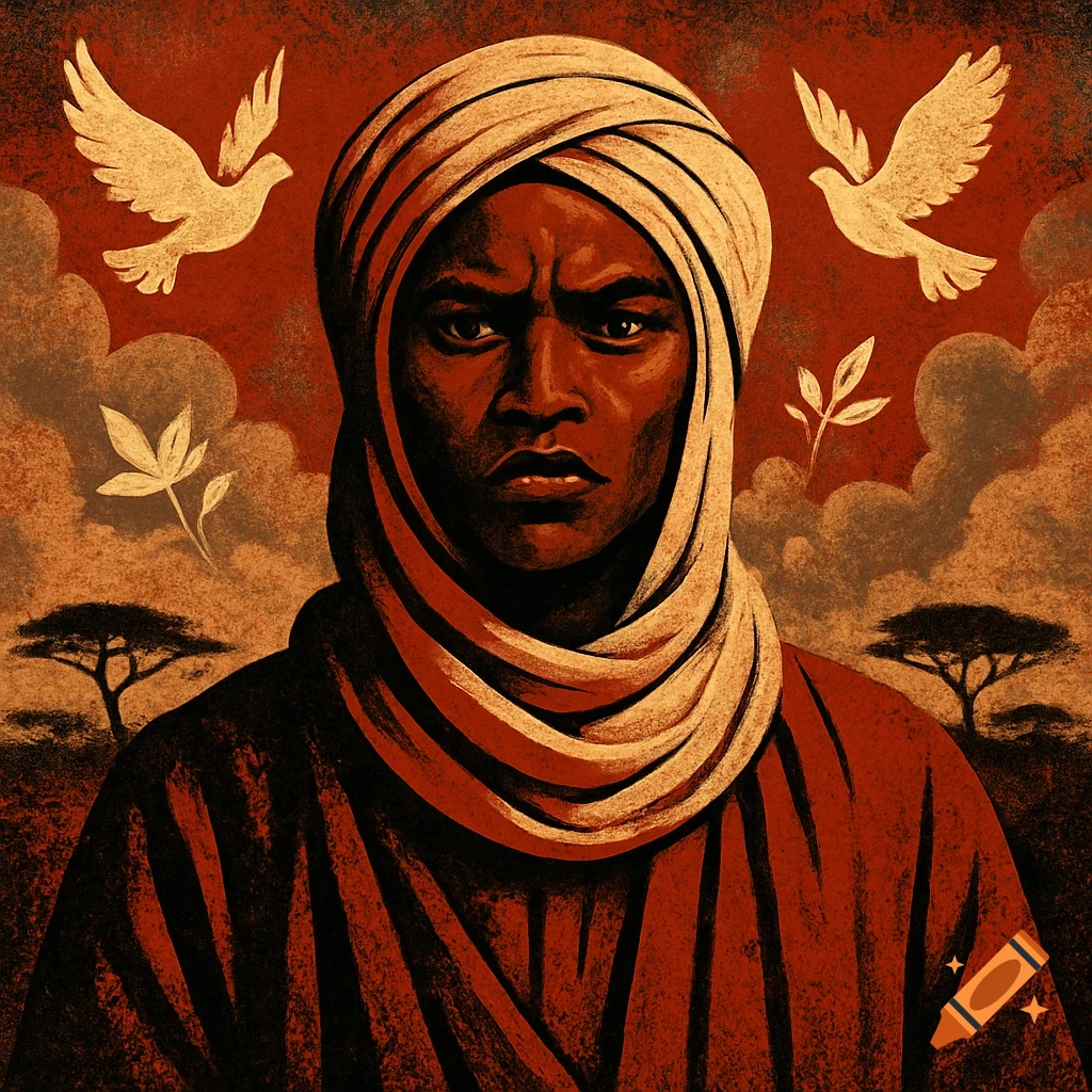 Stylized portrait of a person in a headwrap, with two doves and acacia trees in a red and orange landscape.