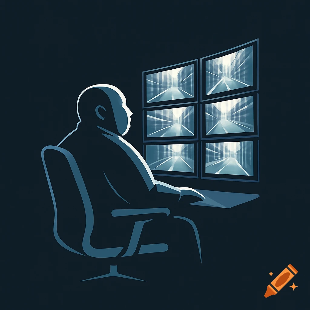 Stylized dark blue illustration of a man in a chair watching six surveillance screens showing abstract road views.