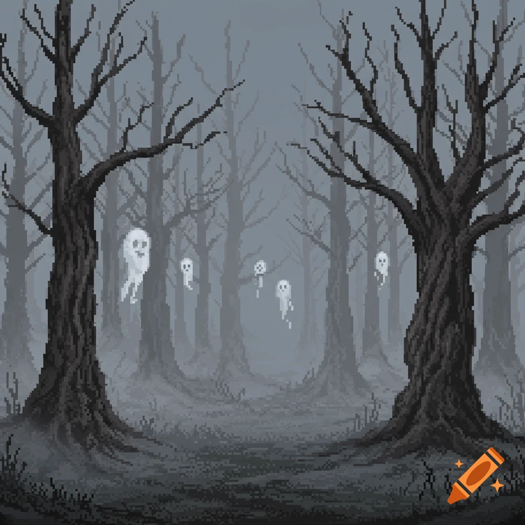 Pixel art of a misty, grey forest with bare, twisted trees and several floating white ghosts.