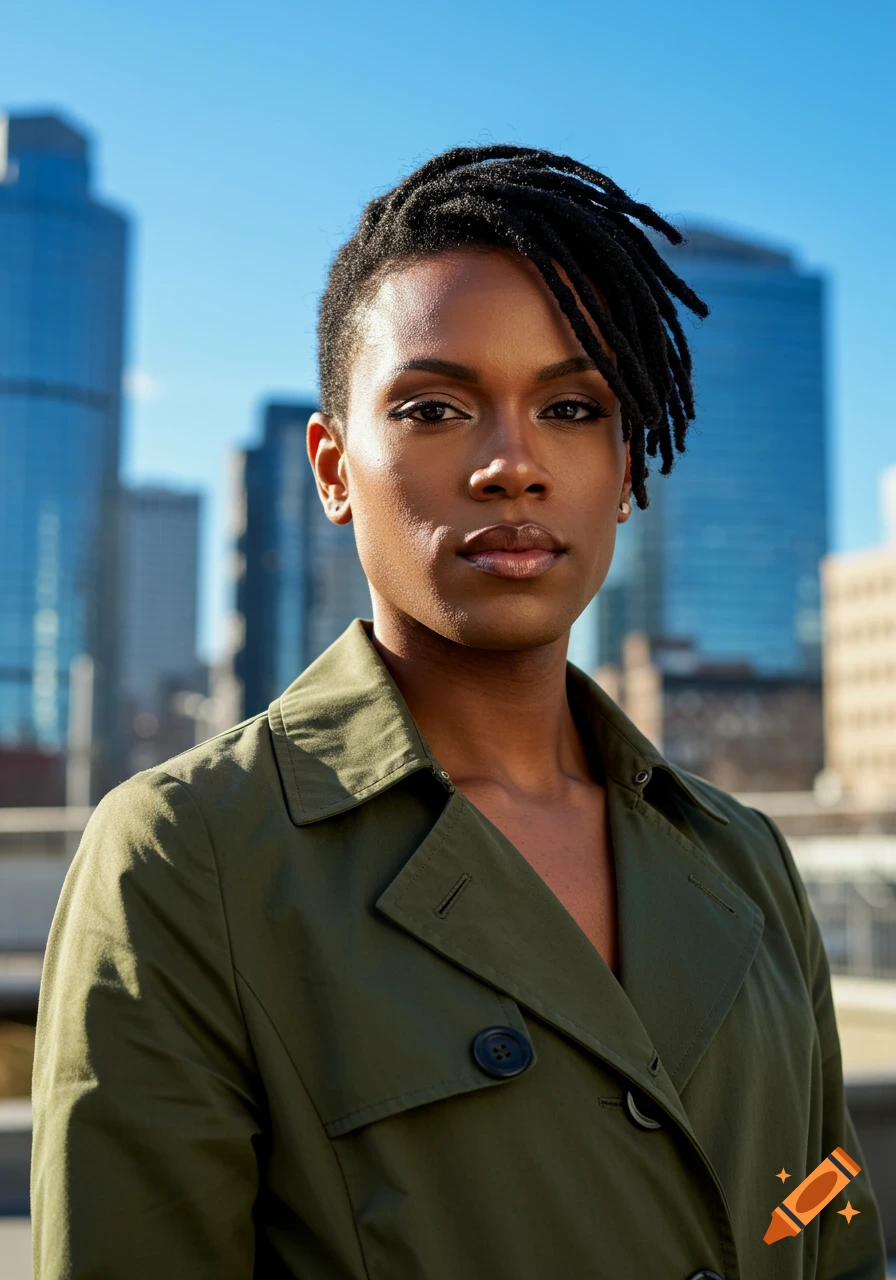 Photorealistic portrait of a person with dreadlocks and dark green trench coat, with city buildings in the background.