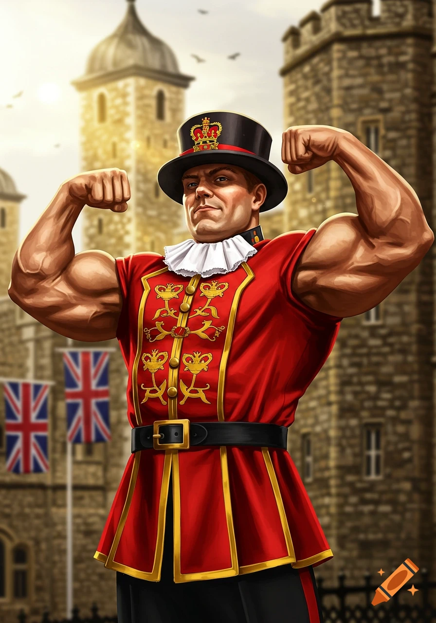 A muscular man in a red Beefeater uniform and top hat flexes his biceps, standing proudly in front of the Tower of London with Union Jack flags in the background.