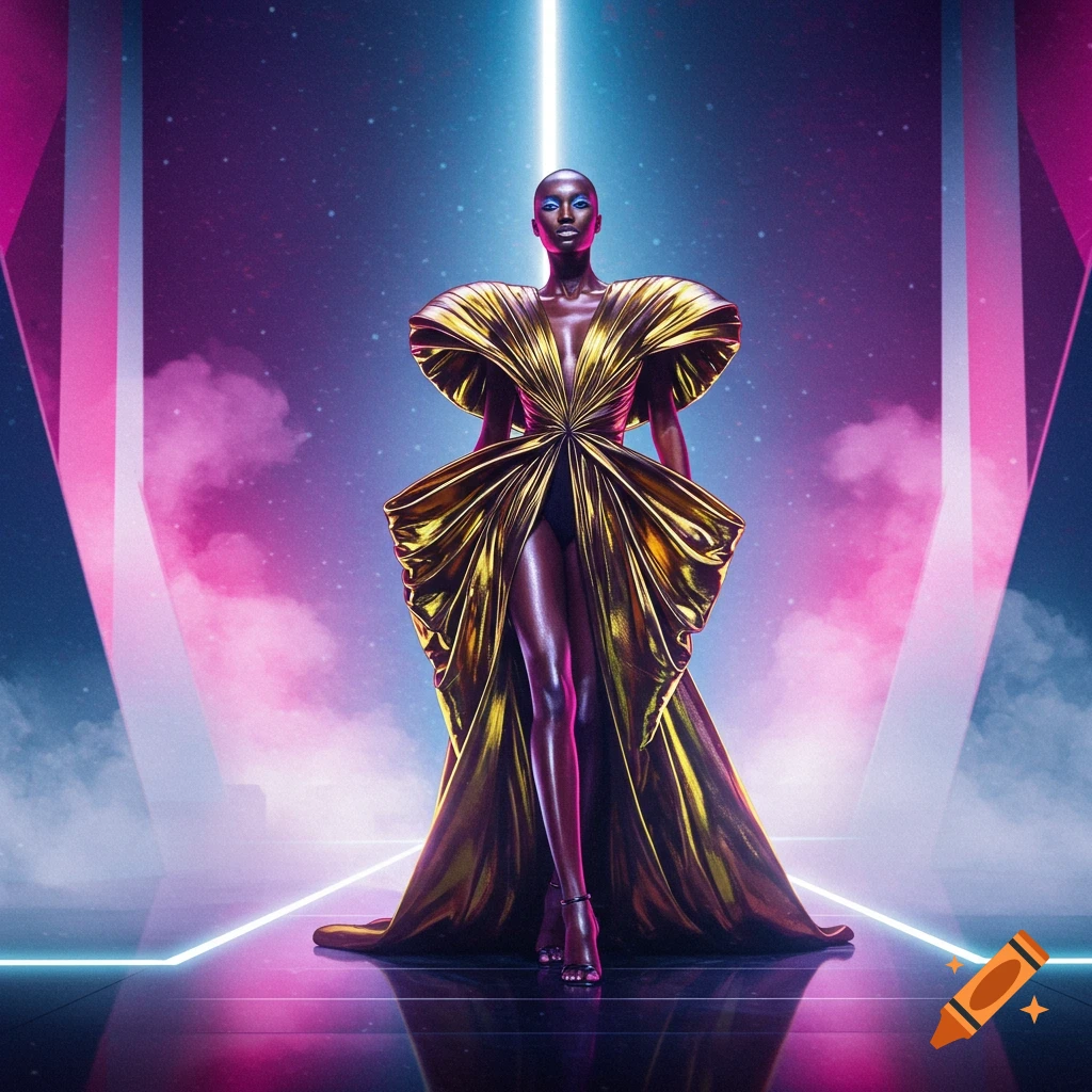 A dark-skinned supermodel in a dramatic gold gown stands on a reflective floor, illuminated by pink and blue neon lights in a futuristic setting.