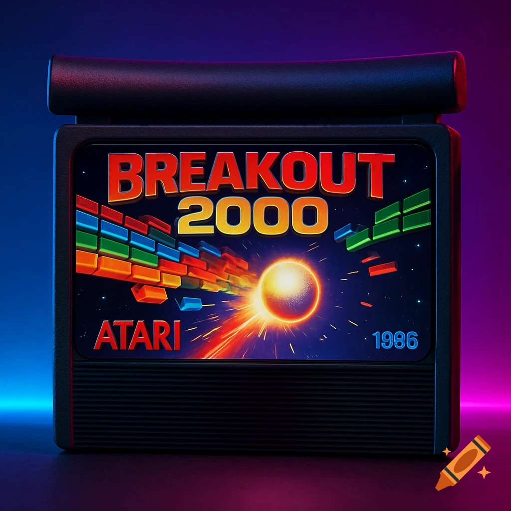 An Atari Jaguar cartridge with a 'Breakout 2000' label, featuring colorful 3D bricks and a glowing ball.