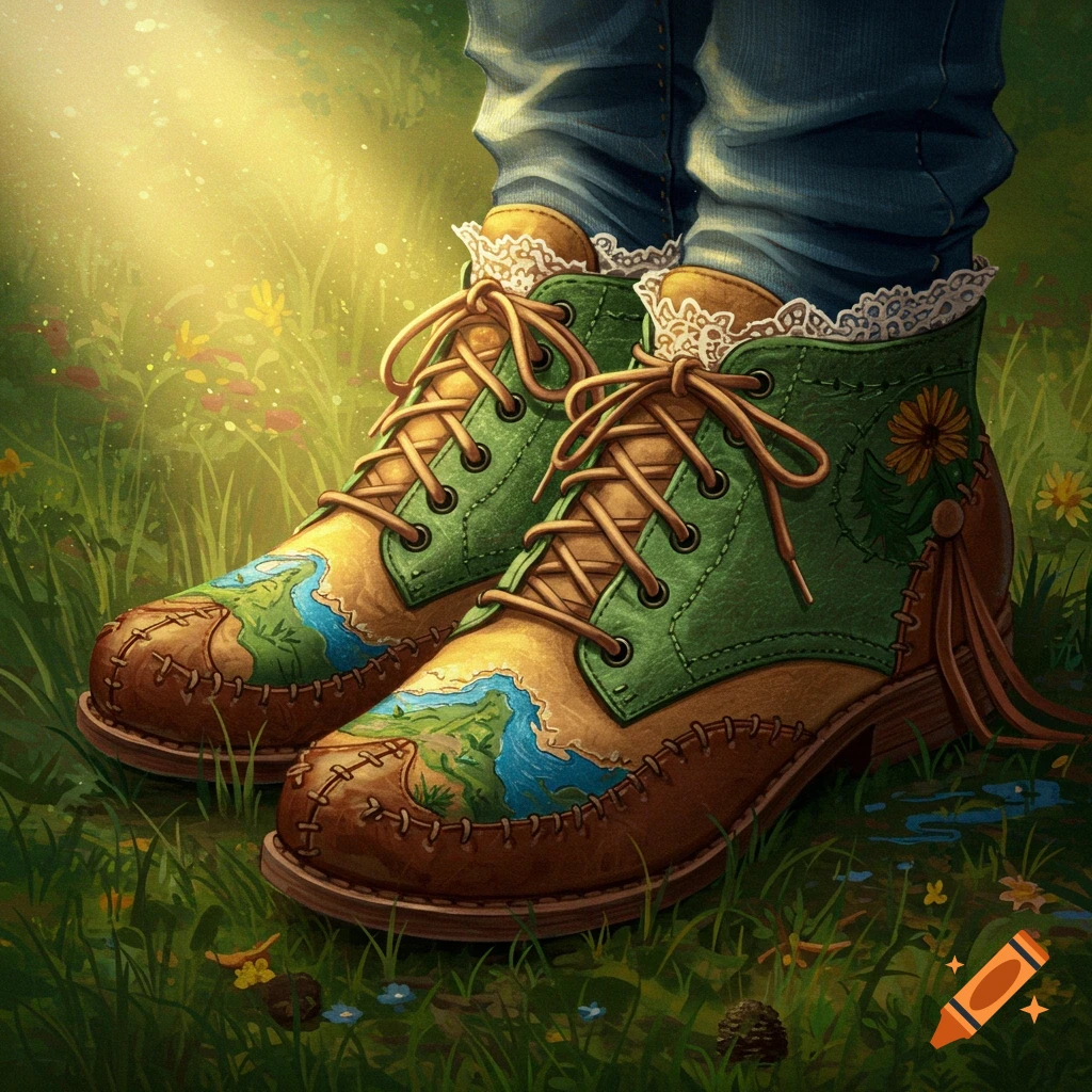 Vibrantly illustrated brown and green lace-up boots with map-like land and river designs on the toes, standing in sunlit green grass with wildflowers.